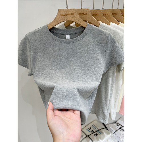 歐貨圓領正肩短袖t恤女夏季2025新款顯瘦杏色短款上衣半袖體恤潮