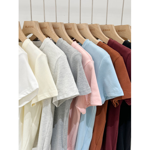 歐貨圓領正肩短袖t恤女夏季2025新款顯瘦杏色短款上衣半袖體恤潮