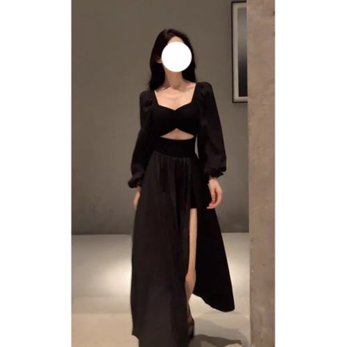 赫本風氣質方領鏤空長袖連衣裙女收腰開叉顯瘦大擺長裙子早秋女裝