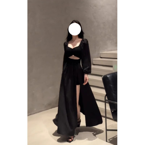 赫本風氣質方領鏤空長袖連衣裙女收腰開叉顯瘦大擺長裙子早秋女裝