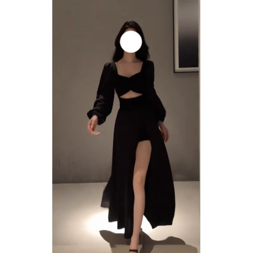 赫本風氣質方領鏤空長袖連衣裙女收腰開叉顯瘦大擺長裙子早秋女裝