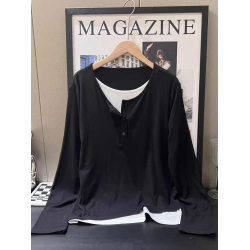 大碼女裝假兩件針織正肩長袖t恤春秋新款胖mm顯瘦內搭打底衫上衣