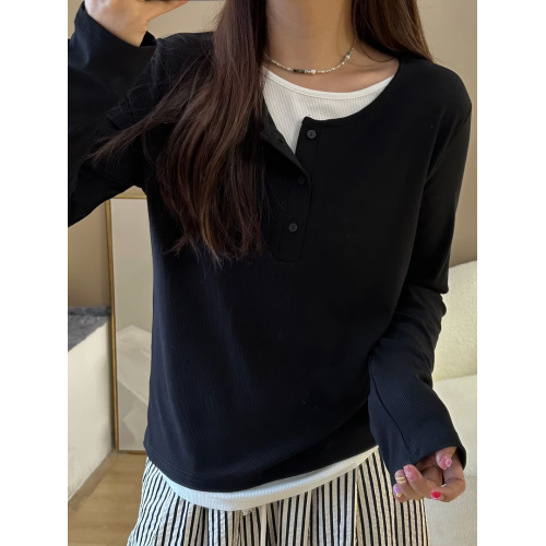 大碼女裝假兩件針織正肩長袖t恤春秋新款胖mm顯瘦內搭打底衫上衣 大碼女裝假兩件針織正肩長袖t恤春秋新款胖mm顯瘦內搭打底衫上衣