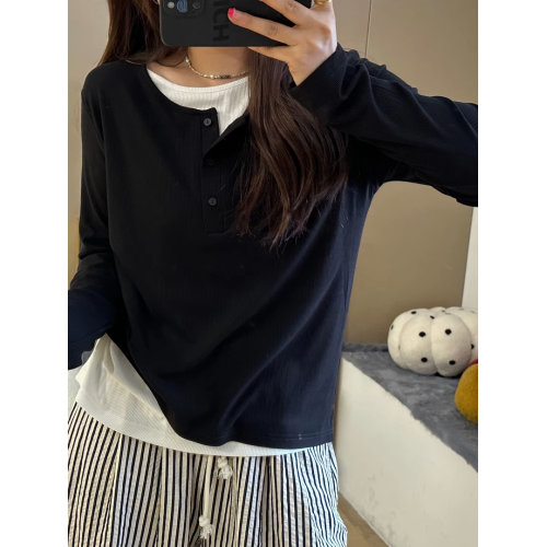 大碼女裝假兩件針織正肩長袖t恤春秋新款胖mm顯瘦內搭打底衫上衣 大碼女裝假兩件針織正肩長袖t恤春秋新款胖mm顯瘦內搭打底衫上衣