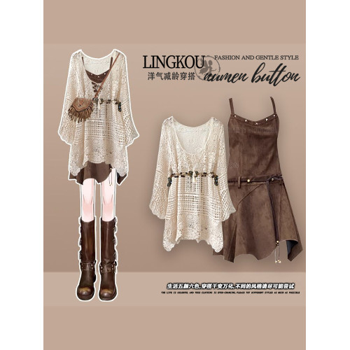 大碼春秋波西米亞套裝女鏤空罩衫不規則收腰復古吊帶連衣裙兩件套 大碼春秋波西米亞套裝女鏤空罩衫不規則收腰復古吊帶連衣裙兩件套