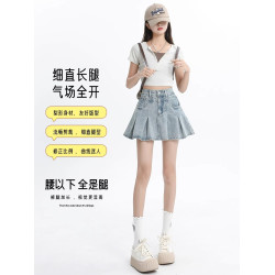 拉夏貝爾淺色高腰牛仔百褶短裙女2025新款夏季防走光a字半身裙子