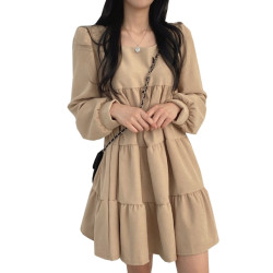 韓國chic春秋法式小衆中長款小個子寬松娃娃裙泡泡袖方領連衣裙女