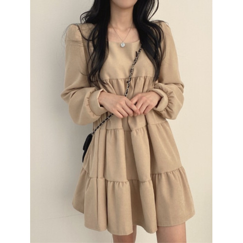 韓國chic春秋法式小衆中長款小個子寬松娃娃裙泡泡袖方領連衣裙女