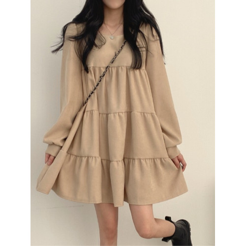 韓國chic春秋法式小衆中長款小個子寬松娃娃裙泡泡袖方領連衣裙女