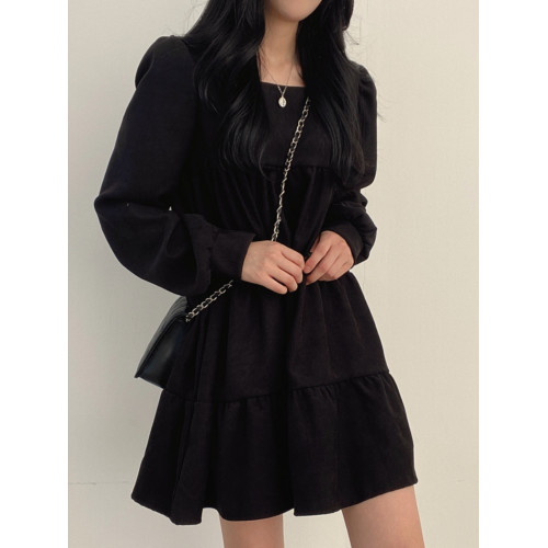 韓國chic春秋法式小衆中長款小個子寬松娃娃裙泡泡袖方領連衣裙女