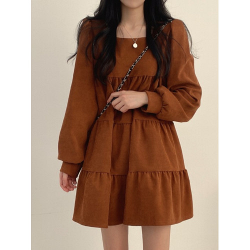 韓國chic春秋法式小衆中長款小個子寬松娃娃裙泡泡袖方領連衣裙女