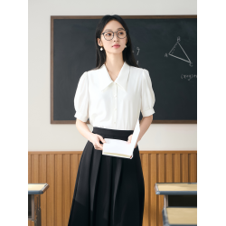 伯德小姐白色雪紡短袖襯衫女士教師職業穿搭上衣正裝套裝面試襯衣