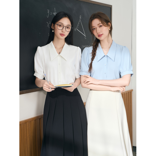 伯德小姐白色雪紡短袖襯衫女士教師職業穿搭上衣正裝套裝面試襯衣