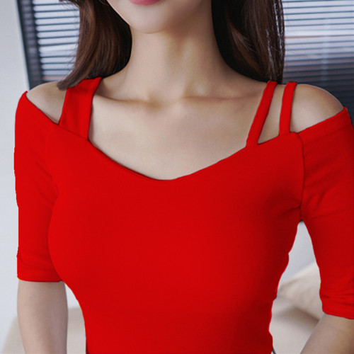 2024春季新款韓版緊身黑色打底衫漏肩t恤女短袖V領顯瘦一字領上衣