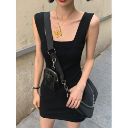 美式性感方領寬肩帶彈力背心連衣裙女夏辣妹收腰顯瘦無袖包臀短裙