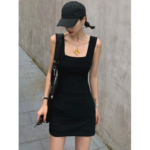 美式性感方領寬肩帶彈力背心連衣裙女夏辣妹收腰顯瘦無袖包臀短裙