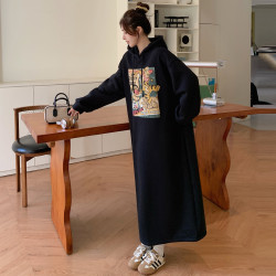 加絨加厚卡通印花大碼衛衣裙女冬季胖mm寬松顯瘦嬰兒絨連帽連衣裙