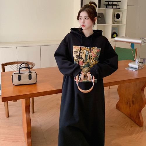 加絨加厚卡通印花大碼衛衣裙女冬季胖mm寬松顯瘦嬰兒絨連帽連衣裙