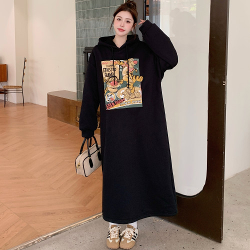 加絨加厚卡通印花大碼衛衣裙女冬季胖mm寬松顯瘦嬰兒絨連帽連衣裙