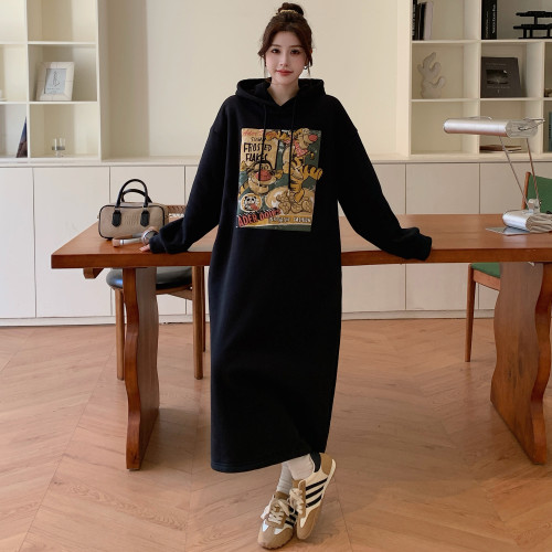 加絨加厚卡通印花大碼衛衣裙女冬季胖mm寬松顯瘦嬰兒絨連帽連衣裙