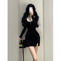 禦姐風性感黑色長袖連衣裙女秋季小個子修身掐腰顯瘦約會包臀短裙