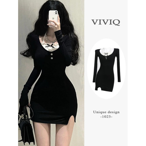 禦姐風性感黑色長袖連衣裙女秋季小個子修身掐腰顯瘦約會包臀短裙