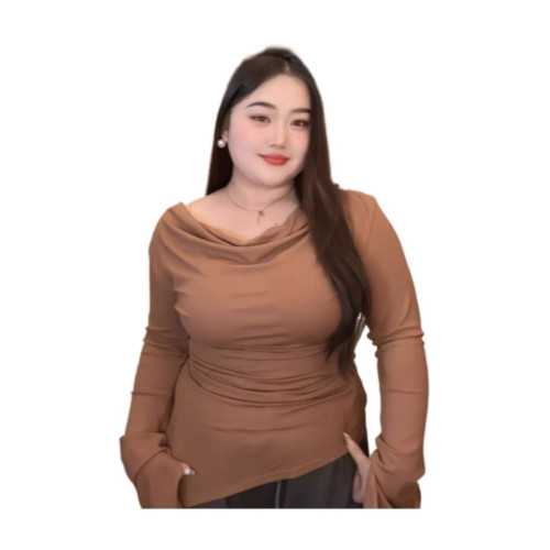 大碼胖mm美拉德修身顯瘦長袖t恤女秋冬蕩領皺褶設計感打底衫上衣