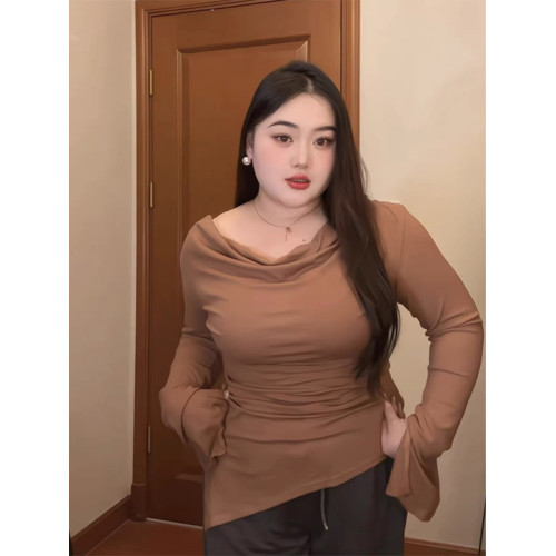 大碼胖mm美拉德修身顯瘦長袖t恤女秋冬蕩領皺褶設計感打底衫上衣