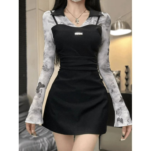 美式辣妹拼接假兩件polo領長袖連衣裙女秋季褶皺收腰顯瘦包臀短裙