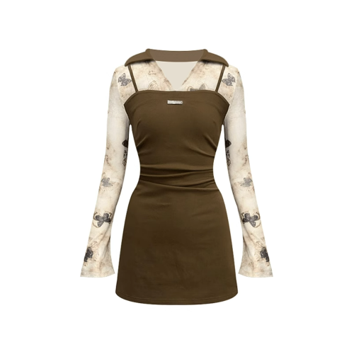 美式辣妹拼接假兩件polo領長袖連衣裙女秋季褶皺收腰顯瘦包臀短裙