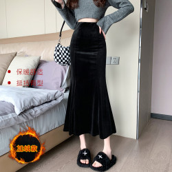 黑色金絲絨半身裙女秋冬天加絨加厚高腰顯瘦中長款a字包臀魚尾裙