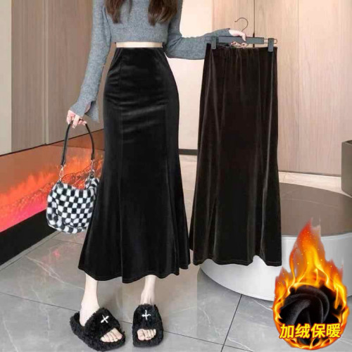 黑色金絲絨半身裙女秋冬天加絨加厚高腰顯瘦中長款a字包臀魚尾裙 黑色金絲絨半身裙女秋冬天加絨加厚高腰顯瘦中長款a字包臀魚尾裙