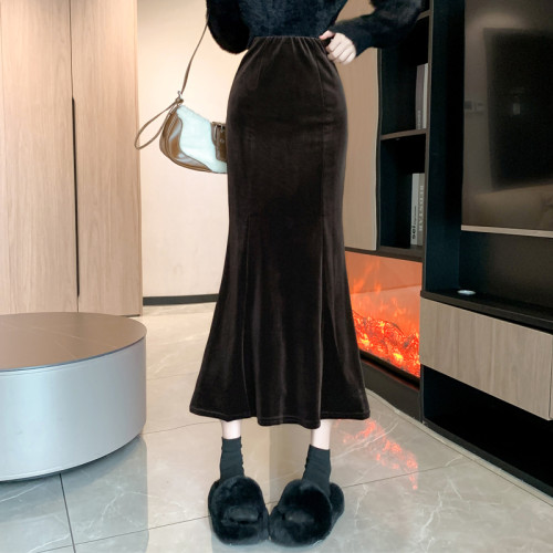 黑色金絲絨半身裙女秋冬天加絨加厚高腰顯瘦中長款a字包臀魚尾裙 黑色金絲絨半身裙女秋冬天加絨加厚高腰顯瘦中長款a字包臀魚尾裙