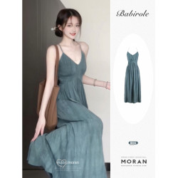 新中式清冷吊帶顯瘦氣質連衣裙女夏季復古國風收腰V領長裙高級感