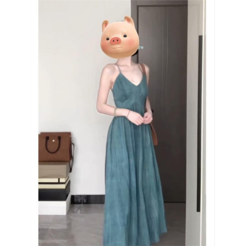 新中式清冷吊帶顯瘦氣質連衣裙女夏季復古國風收腰V領長裙高級感
