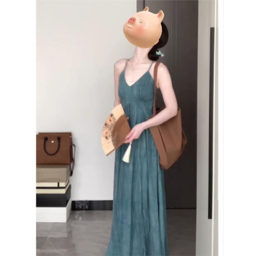 新中式清冷吊帶顯瘦氣質連衣裙女夏季復古國風收腰V領長裙高級感