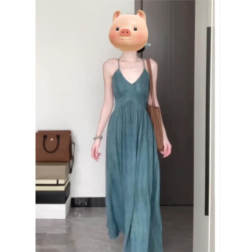 新中式清冷吊帶顯瘦氣質連衣裙女夏季復古國風收腰V領長裙高級感