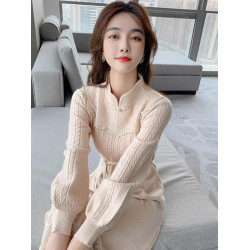 2025春秋季新款針織毛衣連衣裙女氣質減齡復古打底內搭改良版旗袍