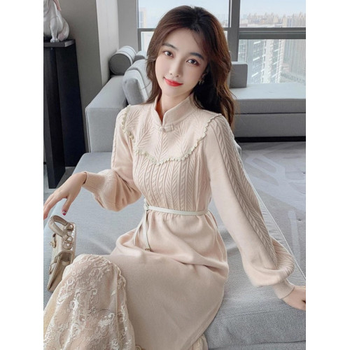 2025春秋季新款針織毛衣連衣裙女氣質減齡復古打底內搭改良版旗袍