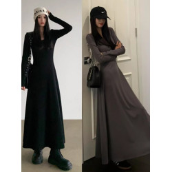 內搭長裙磨毛棉修身春秋A字大擺裙低領長袖連衣裙長款純色打底裙