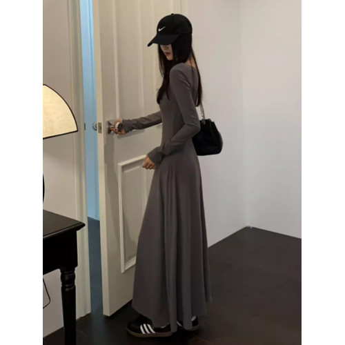 內搭長裙磨毛棉修身春秋A字大擺裙低領長袖連衣裙長款純色打底裙