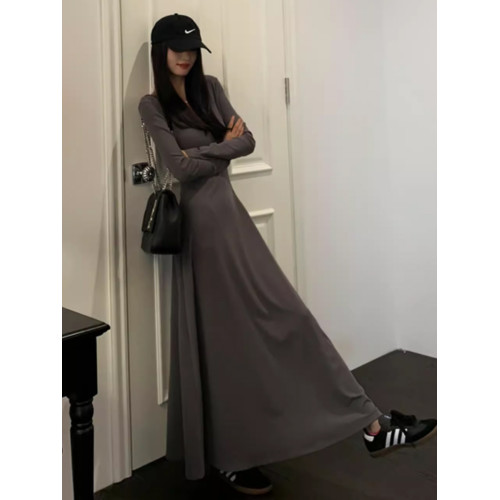 內搭長裙磨毛棉修身春秋A字大擺裙低領長袖連衣裙長款純色打底裙