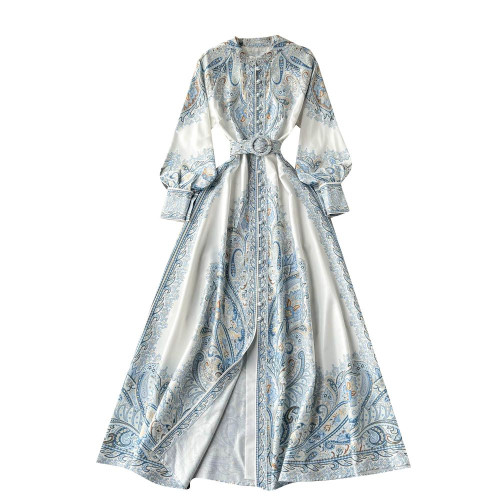 春秋裝復古宮廷風繙領燈籠袖印花連衣裙女單排釦大擺A字過膝長裙