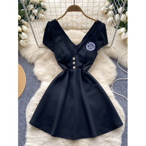 名媛性感V領低胸短袖連衣裙女夜店風收腰顯瘦a字蹦迪短裙辣妹裙子