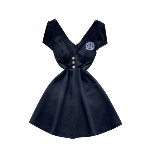 名媛性感V領低胸短袖連衣裙女夜店風收腰顯瘦a字蹦迪短裙辣妹裙子