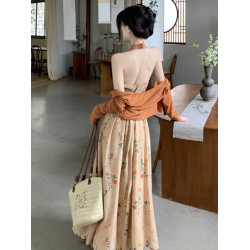 大碼新中式國風繁花印花連衣裙女夏日穿搭兩件套裝胖mm高級感裙子