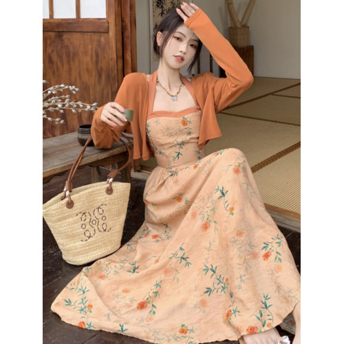 大碼新中式國風繁花印花連衣裙女夏日穿搭兩件套裝胖mm高級感裙子