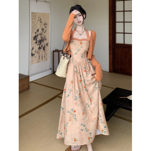 大碼新中式國風繁花印花連衣裙女夏日穿搭兩件套裝胖mm高級感裙子