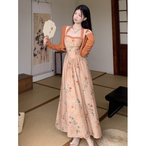 大碼新中式國風繁花印花連衣裙女夏日穿搭兩件套裝胖mm高級感裙子