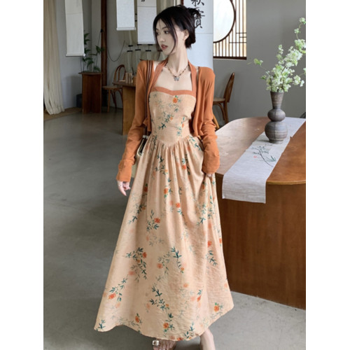大碼新中式國風繁花印花連衣裙女夏日穿搭兩件套裝胖mm高級感裙子